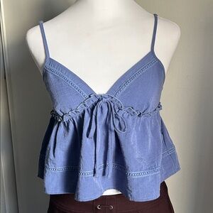Yozy Stylish Denim Blue Colored Adjustable Spaghetti Strap Babydoll Crop Top